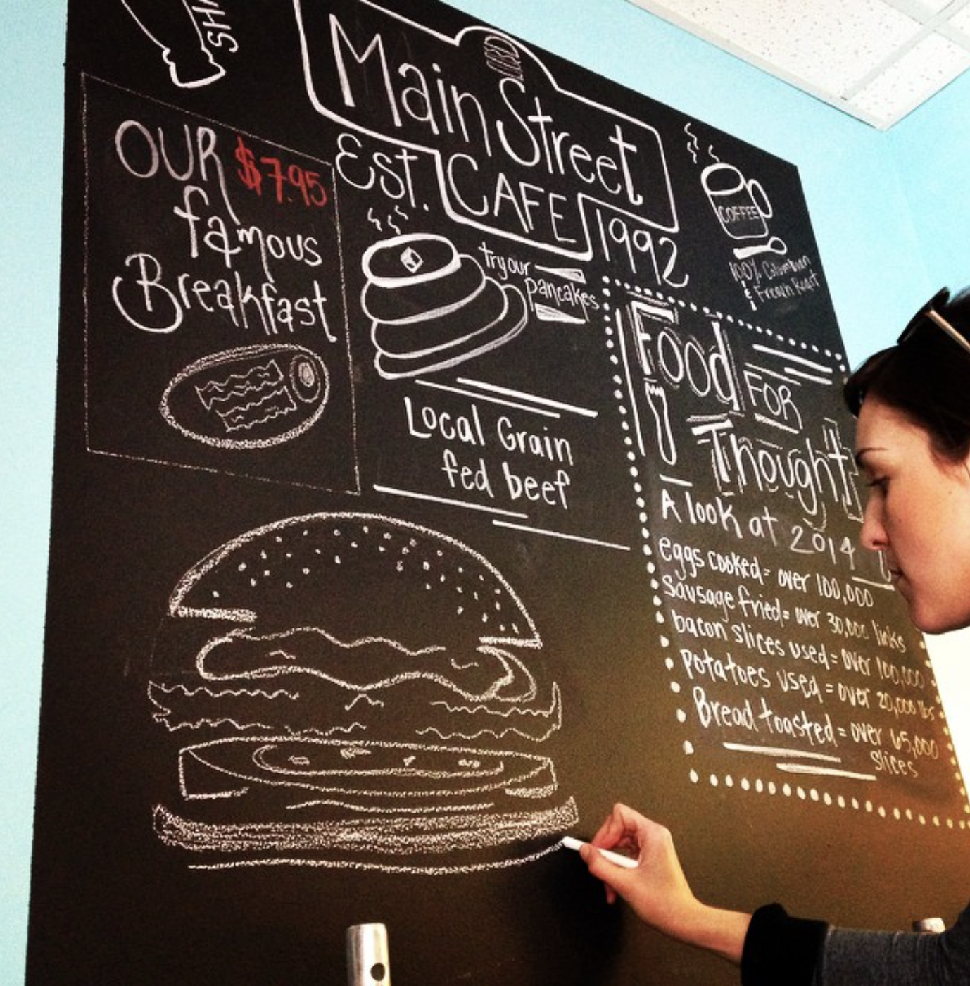 Hand-drawn chalkboard menu art being created